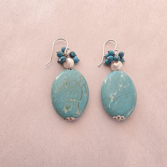 Artisan Turquoise Pearl Stone 925 Sterling Silver Drop Earrings New Stamped - Picture 5 of 9